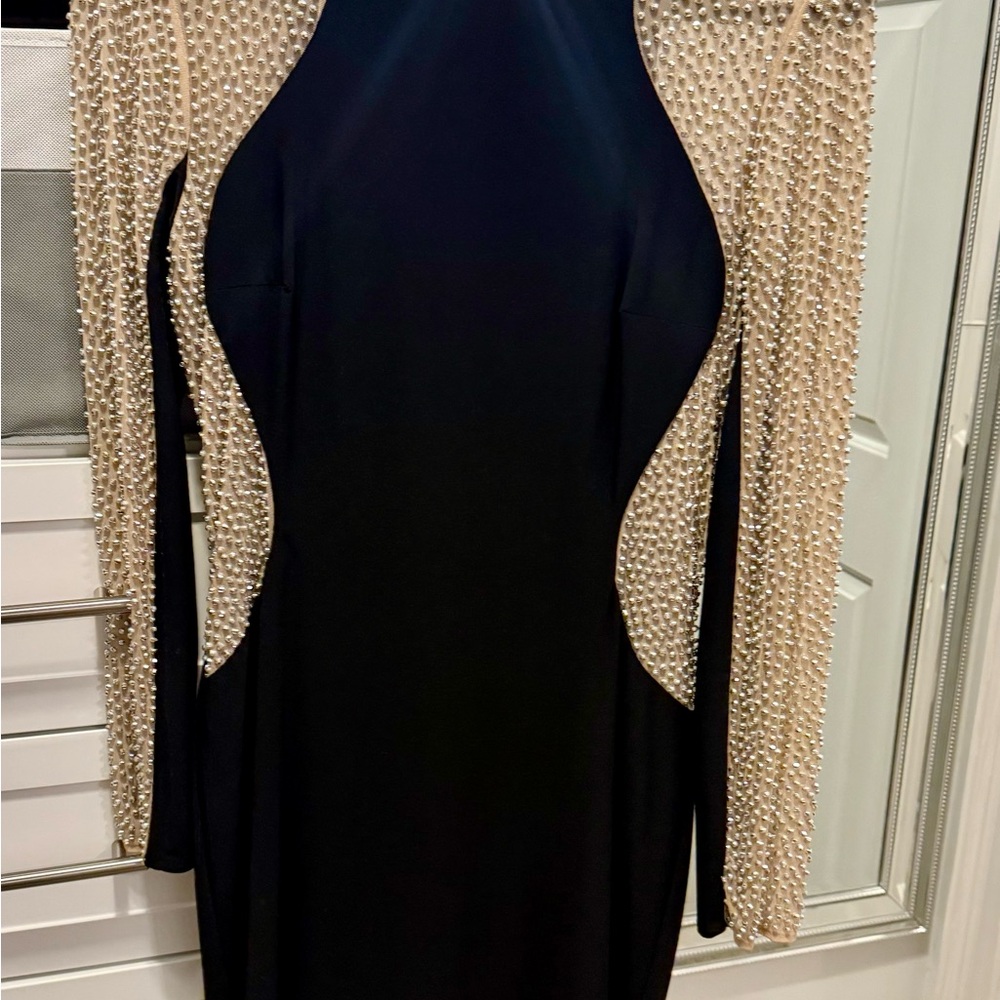Xscapr Elegant Black and Cream/Sheer Dress with Rhinestone Detailing.